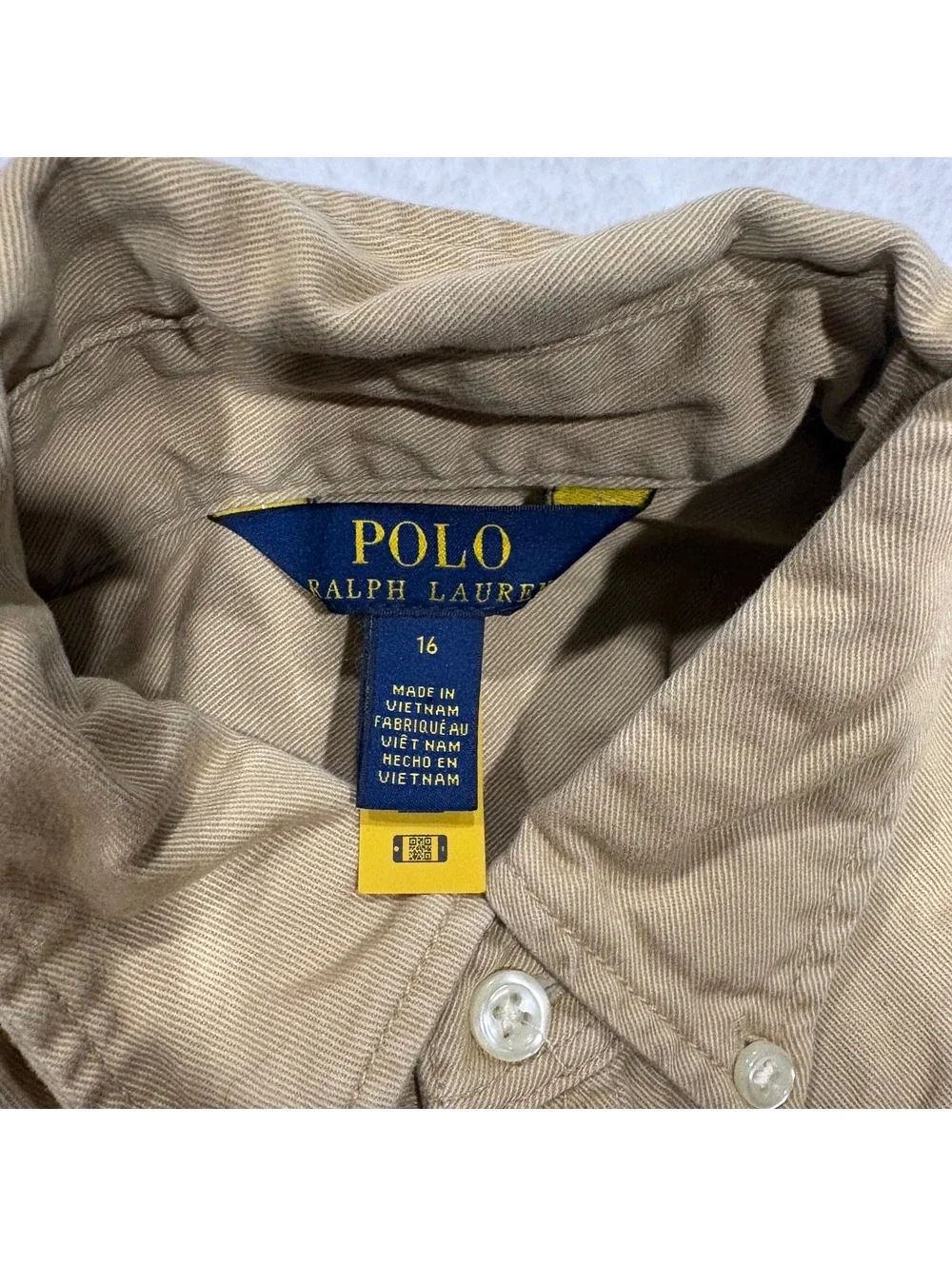 Polo Ralph Lauren Preppy Khaki Button-Down Shirt Dress girls Size 16 Cotton
